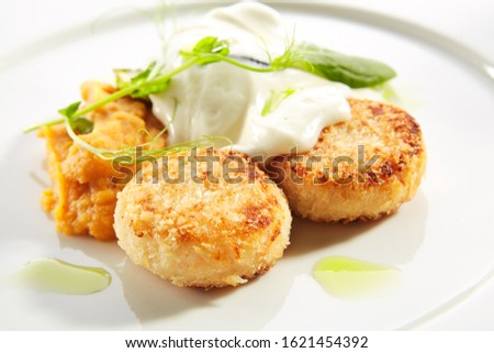 Halibut cutlets or fish cakes with cream cheese on white restaurant plate isolated. Homemade golden fried seafood meatballs, breaded flatfish fillet in breadcrumbs with white sauce and herbs closeup