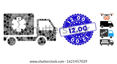 Mosaic medical delivery icon and corroded stamp watermark with 12.00 caption. Mosaic vector is created with medical delivery icon and with randomized circle items. 12.00 stamp seal uses blue color,