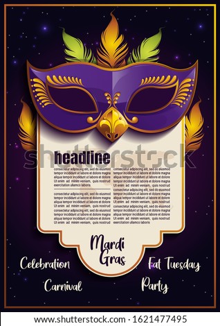 Mardi Gras Template with Purple Feather Mask, picture for gretting card banner, poster, Flyer & brochure On background sparkling stars, vector illustration, EPS10.