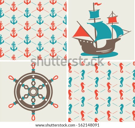 Sea set of nautical design elements and patterns