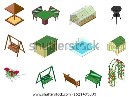 Garden architecture objects 3d isometric illustration. Sandbox, table, chair, swing, trolley, greenhouse, flowers, bench, pool, barbecue and flowerbed roses. Vector cartoon isolated on white