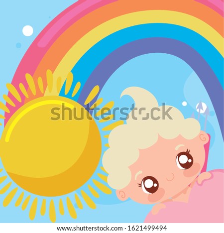 baby cupid cartoon and rainbow design of love passion romantic valentines day wedding decoration and marriage theme Vector illustration