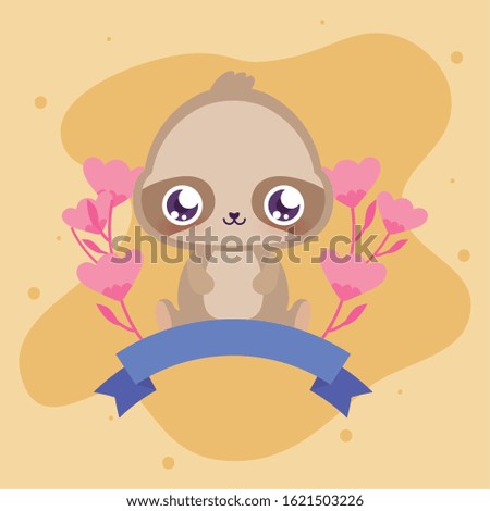 Cute sloth cartoon with ribbon and flowers design, Animal zoo life nature character childhood and adorable theme Vector illustration