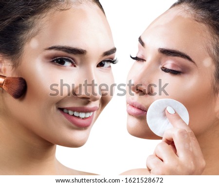 Woman before and after sleansing skin with cotton pad. Over white background