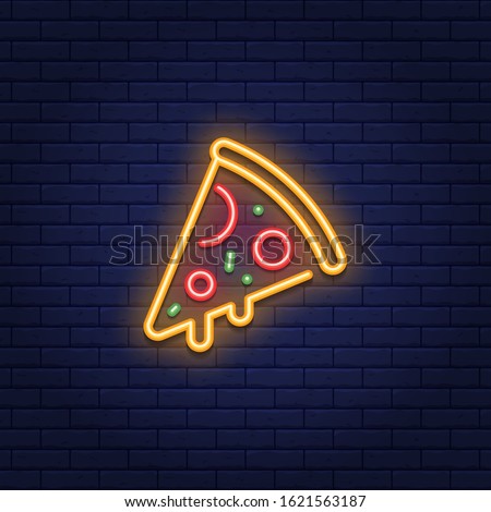 Vector neon pizza slice icon. Line street food sign illustration. Glowing pizzeria logo background. Modern concept for italian restaurant, cafe, delivery