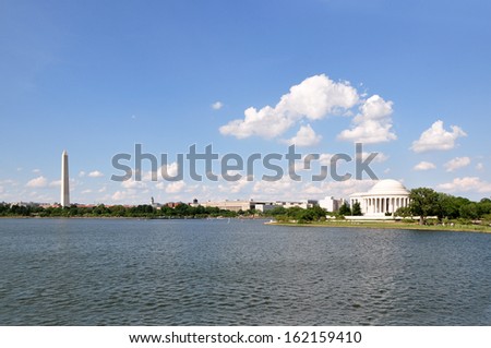 Skyline of Washington, DC, USA including Washington Monument and Jefferson Memorial.