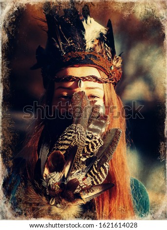 Shaman woman and shamanic feathers on denim.