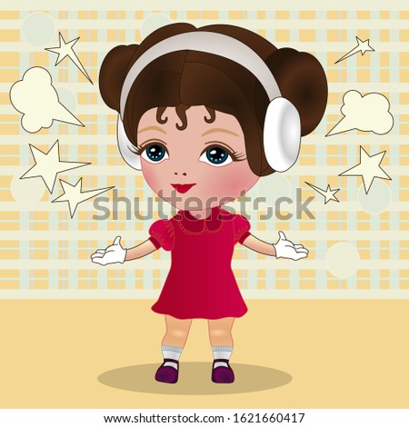 Emoticon  cool happy girl wearing headphones. Loud music from her ears , color vector emoji on checkered background