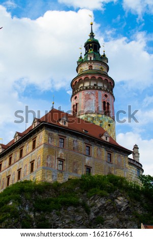 Vertical picture of the Castle Tower in State Castle, the most famous symbol of Cesky Krumlov, Czech Republic