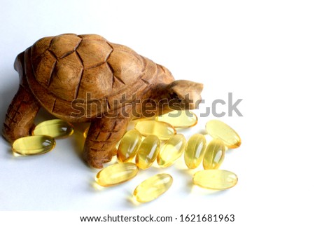 Omega 3 capsules lying on white background with a wooden turtle as a decoration. Fish oil in pills. Reproduction of reptiles by eggs.