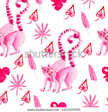 Seamless pattern watercolor in love pink lemurs and tropical leaves hand drawn clip art. Valentine 's Day on a white isolated background. Design for wrapping paper, wallpaper, packaging.