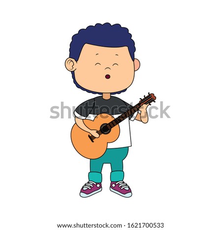 cartoon boy playing a guitar over white background, vector illustration