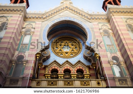 Main entrance to the Jubilee Synagogue, also called Jerusalem Synagogue or Jubilejni synagoga in Prague, Czech Republic. It is a major landmark of judaism and jewish culture in Central Europe.

 Royalty-Free Stock Photo #1621706986