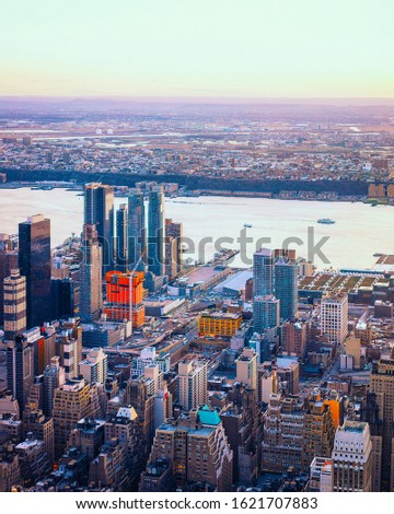Aerial panoramic view to Downtown Manhattan and Lower Manhattan New York, USA. Skyline with skyscrapers. New Jersey City. American architecture building. Panorama of NYC. Manhattan West. Mixed media.