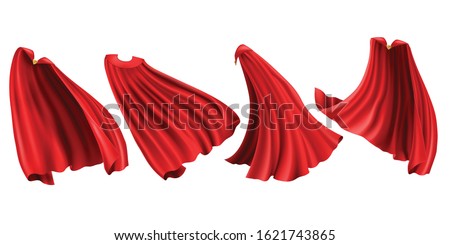 Red cloaks with golden clasp set. Silk flattering capes front, back and side view in different positions isolated on white background, superhero costume. Realistic 3d vector illustration, clip art Royalty-Free Stock Photo #1621743865