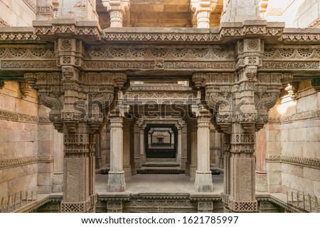 Adalaj Stepwell or Rudabai Stepwell is a stepwell located in the village of Adalaj, it was built in 1498 in the memory of Rana Veer Singh, by his wife Queen Rudadevi Royalty-Free Stock Photo #1621785997