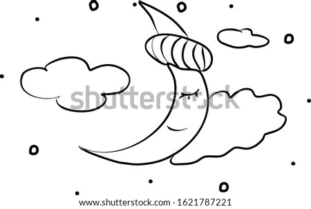 Lunar month is sleeping, hand drawing coloring book. Modern doodle contour illustration black