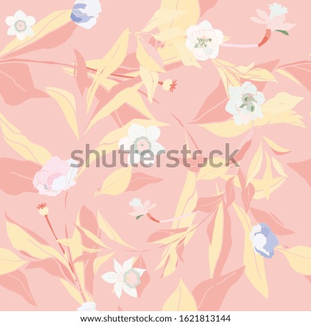Seamless pattern with flower and leaves. Tropical flowers vector illustration. EPS 10