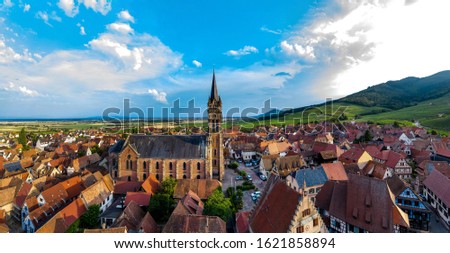 Aerial drone panoramic view of  village Dambach-la-Ville in Alsace. Royalty-Free Stock Photo #1621858894