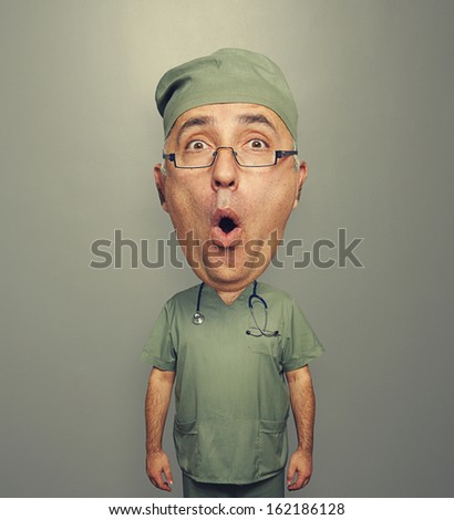bighead amazed doctor in uniform over grey background