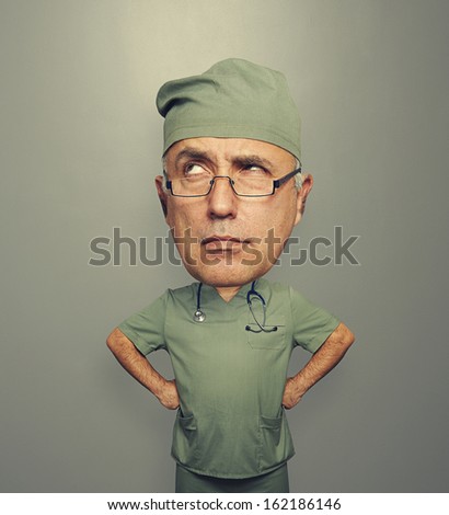 funny picture of bighead pensive doctor in glasses over dark background
