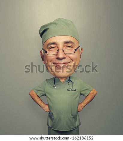 funny picture of bighead satisfied doctor in glasses over dark background
