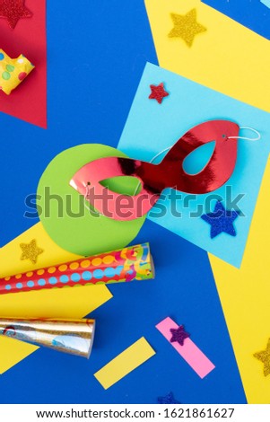 Carnival colorful modern flat lay background