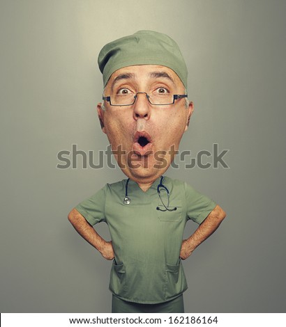 funny picture of bighead amazed doctor in glasses over dark background