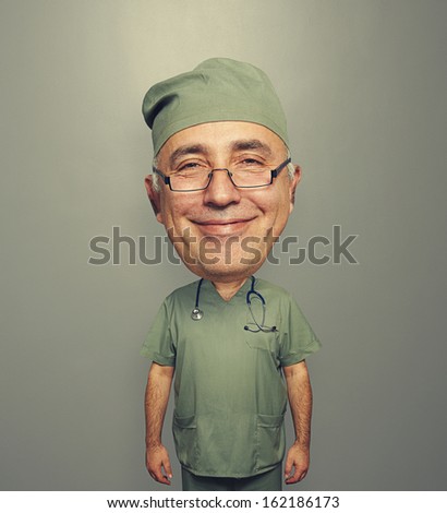funny picture of bighead glad doctor in glasses over dark background