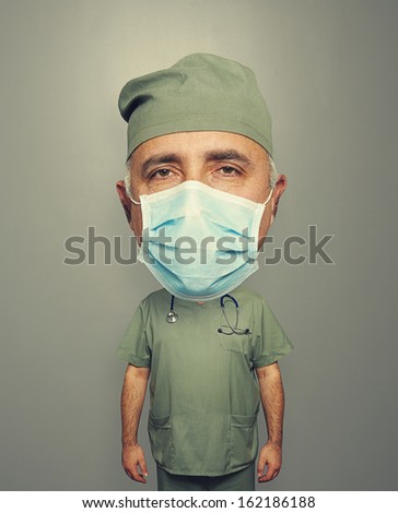 bighead doctor in mask and uniform over grey background