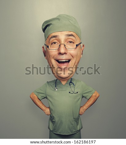 funny picture of bighead excited doctor in glasses over dark background