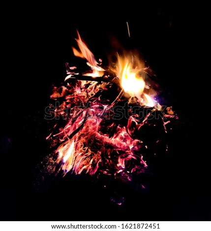 Saint John's Eve Fire wood burning in night Coal fire burning in black background