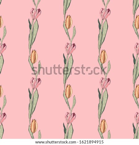 Seamless spring pattern with stylized cute pink flowers, tulips. Endless texture for your design, greeting cards, announcements, posters, kraft paper, tags, gift wrapping paper.