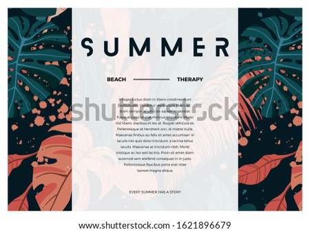 Floral horizontal postcard design with monstera and royal palm leaves. Exotic hawaiian vector background.