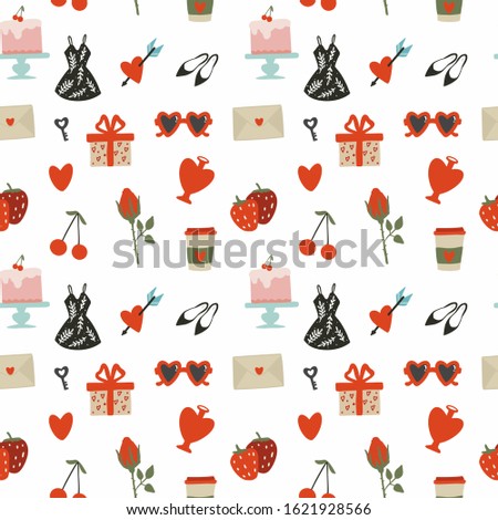 Geometric seamless pattern, cute hearts, glasses, lips, cherries, strawberries, cakes, coffee, vector on a white background. For festive packaging, printing on textiles, fabrics, bags, cosmetic boxes.