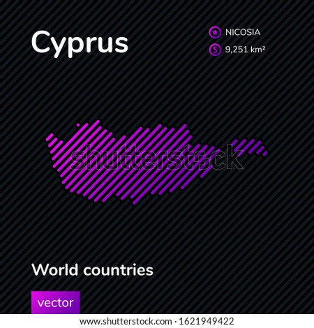 Vector striped Map of Cyprus in violet colors on a black background. Flat style