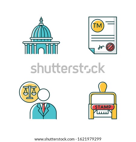 Notary services RGB color icons set. Apostille and legalization. Notarized document. Trademark certificate. Supreme court. Lawyer, attorney. Legislature. Stamp. Isolated vector illustrations