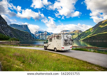 Family vacation travel RV, holiday trip in motorhome, Caravan car Vacation. Beautiful Nature Norway natural landscape. Royalty-Free Stock Photo #1622015755