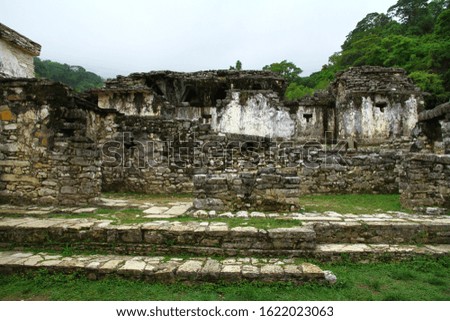 A view of the ruins of The Palace complex in Palenque ancient Mayan city in Chiapas, Mexico.  