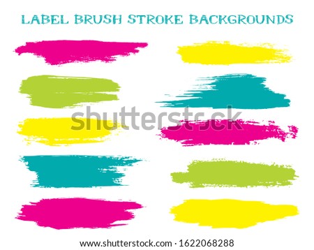 Vintage label brush stroke backgrounds, paint or ink smudges vector for tags and stamps design. Painted label backgrounds patch. Color combinations catalog elements. Ink dabs, yellow splashes.