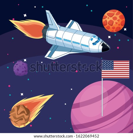 space american flag spacecraft asteroid planets exploration vector illustration