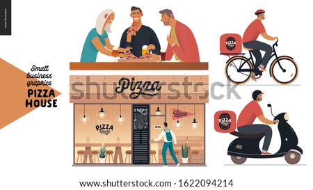 Pizza house - small business graphics - restaurant facade, visitors, delivery. Modern flat vector concept illustrations - shop front, windows and entrance. Visitors. Pizza guy on bicycle, scooter