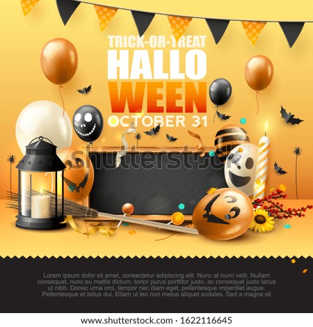 Luxury Halloween greeting card with balloons, lantern, pumpkin and old blackboard with place for your text.