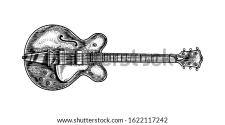 Semi-acoustic jazz bass guitar in monochrome engraved vintage style. Hand drawn sketch for Rock festival or blues and ragtime poster or t-shirt. Musical classical stringed electro instrument. 