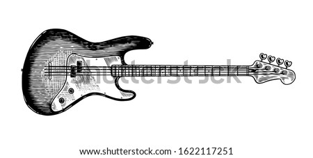 Electro bass guitar in monochrome engraved vintage style. Hand drawn sketch for Rock festival or blues and ragtime poster or t-shirt. Musical jazz classical stringed instrument. 