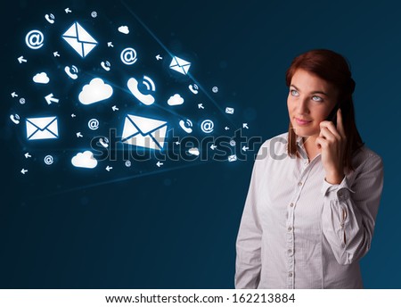 Young lady standing and making phone call with message icons