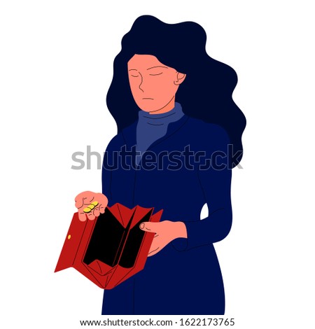 Sad caucasian woman holding open empty wallet and few coins. Isolated on white background. Flat style vector illustration.