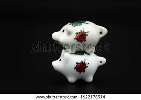 Closeup of two small white porcelain piggies, black background