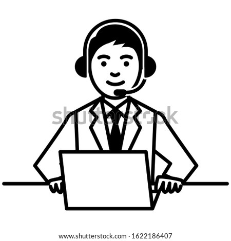 Call center operator. man using headset and laptop computer. Vector illustration.