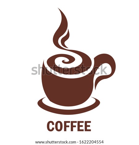 Brown logo sketch of a steaming cup of full coffee on a saucer. isolated on white background. vector illustration modern flat design.
